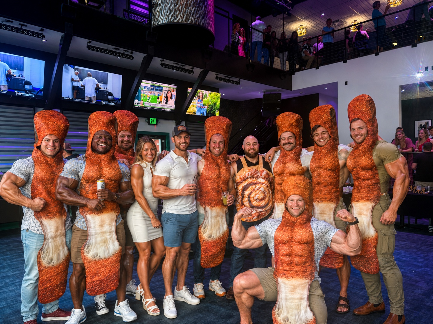 The Keto and Karaoke league posing together in bacon costumes, reimagined as a muscular fantasy-football superteam